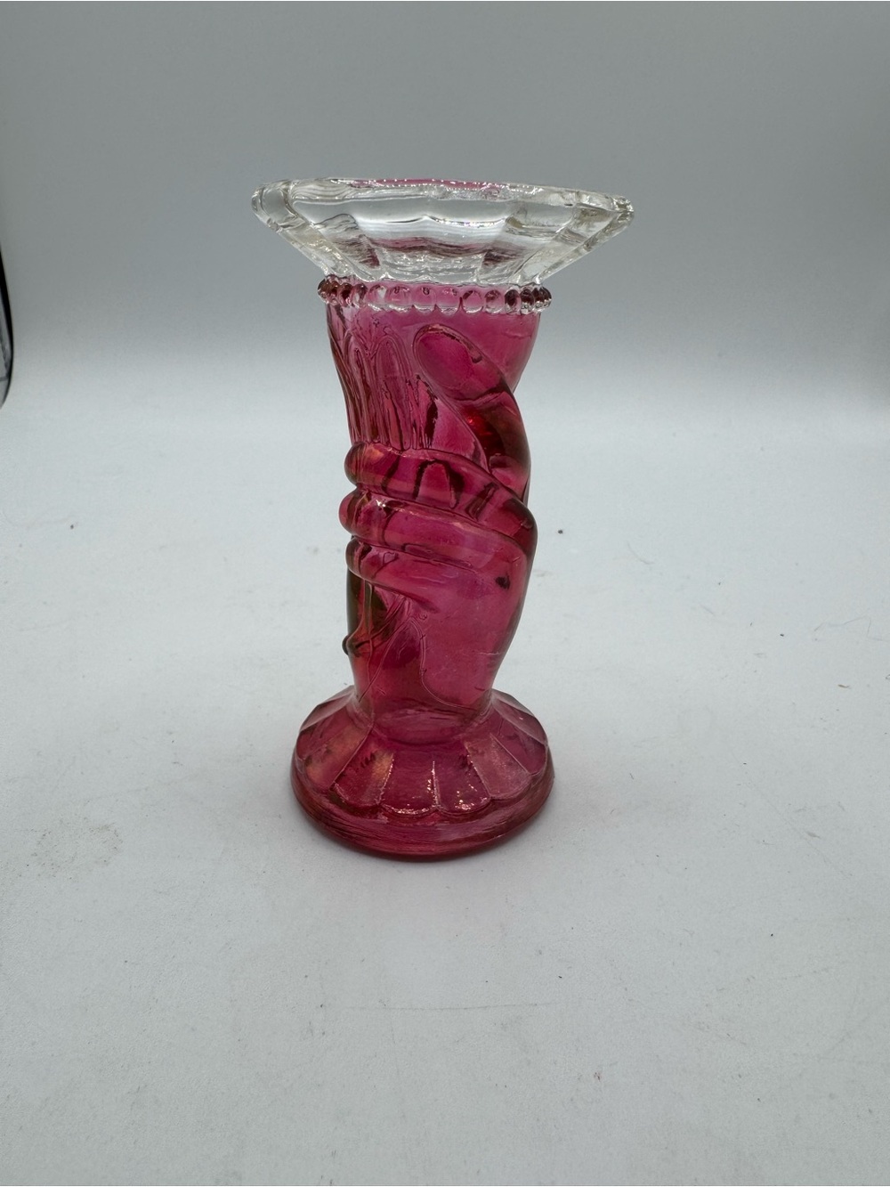 Vintage L.E. Smith Iridescent Ruby Flash Liberty Torch Hand Bud Vase
